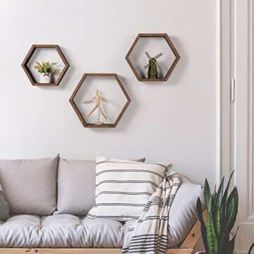 CADUKE Hexagon Floating Shelves - Set of 3 Wooden Wall Decor