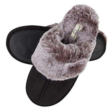 Jessica Simpson Women's Comfy Faux Fur House Slipper Scuff Memory Foam Slip on Anti-Skid Sole, Black, Large