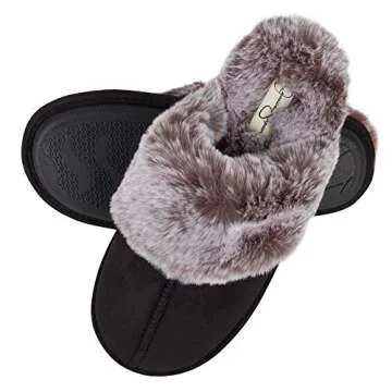 Jessica Simpson Women's Comfy Faux Fur House Slipper Scuff Memory Foam Slip on Anti-Skid Sole, Black, Large