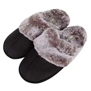 Jessica Simpson Women's Comfy Faux Fur House Slipper Scuff Memory Foam Slip on Anti-Skid Sole, Black, Large