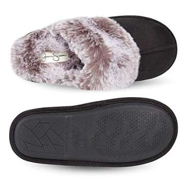 Jessica Simpson Women's Comfy Faux Fur House Slipper Scuff Memory Foam Slip on Anti-Skid Sole, Black, Large