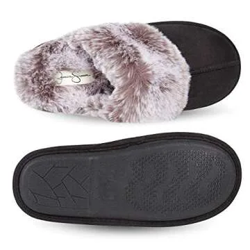 Jessica Simpson Women's Comfy Faux Fur House Slipper Scuff Memory Foam Slip on Anti-Skid Sole, Black, Large