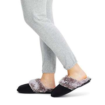 Jessica Simpson Women's Comfy Faux Fur House Slipper Scuff Memory Foam Slip on Anti-Skid Sole, Black, Large