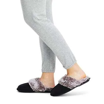 Jessica Simpson Women's Comfy Faux Fur House Slipper Scuff Memory Foam Slip on Anti-Skid Sole, Black, Large