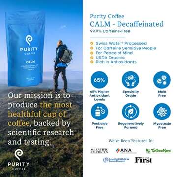 Purity Coffee CALM Decaf Medium Roast Whole Beans - USDA Certified Organic Specialty Grade Arabica Swiss Water Processed Decaffeinated - Third Party Tested for Mold, Mycotoxins, Pesticides - 12 oz Bag