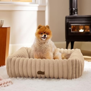 Bedsure Cute Dog Bed for Small Medium Dogs - Washable Furry Puppy Beds, Rectangle Orthopedic Corduro...
