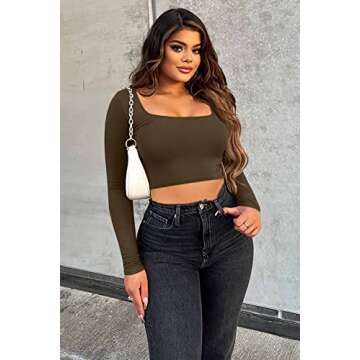 OQQ Women's 2 Piece Yoga Crop Top Seamless Stretch Basic Workout Exercise Long Sleeve, Coffee, Small