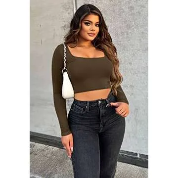 OQQ Women's 2 Piece Yoga Crop Top Seamless Stretch Basic Workout Exercise Long Sleeve, Coffee, Small