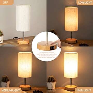Yarra-Decor Bedside Lamps with USB Port - Touch Control Table Lamp for Bedroom Wood 3 Way Dimmable N...