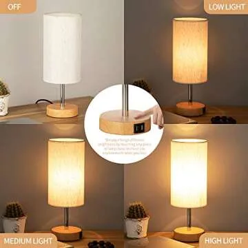 Yarra-Decor Bedside Lamps with USB Port - Touch Control Table Lamp for Bedroom Wood 3 Way Dimmable N...