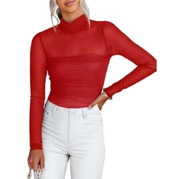 REORIA Women’s Fall Sexy Mock Turtle Neck Long Sleeve Sheer Mesh Slim Fit Ruched Trendy Going Out Leotard Bodysuits Tops Red Medium