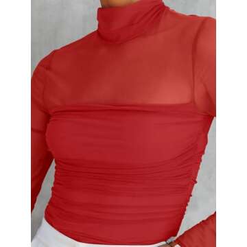 REORIA Women’s Fall Sexy Mock Turtle Neck Long Sleeve Sheer Mesh Slim Fit Ruched Trendy Going Out Leotard Bodysuits Tops Red Medium