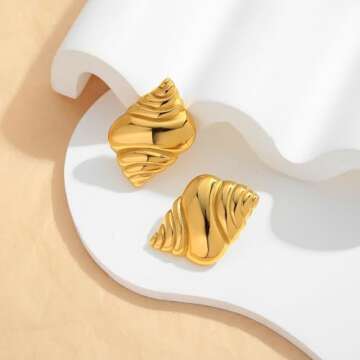 WOWORAMA Big Chunky Gold Stud Earrings for Women 18K Gold Sea Conch Shell Earrings Boho Vintage Croi...