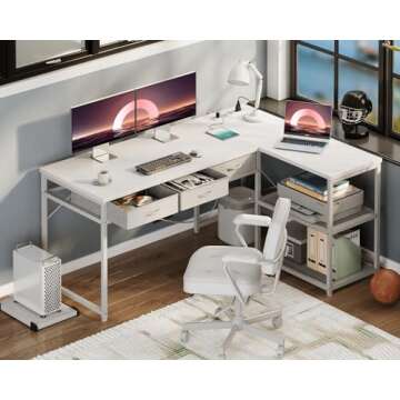 AODK 53 Inch L Shaped Computer Desk with Drawers, Corner Desk with Power Outlets & Reversible Storag...