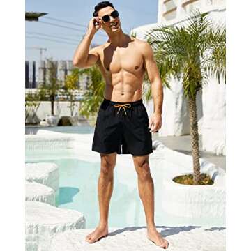 SILKWORLD Mens Swimming Trunks with Compression Liner 2 in 1 Quick-Dry Swim Shorts with Zipper Pockets Black