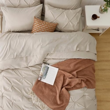 Bedsure Queen Comforter Set Beige - Bed in a Bag Queen Size 7 Pieces, Pintuck Bedding Sets Gift for Christmas, Beige Bed Set with Pinch Pleat Queen Size Comforter, Sheets, Pillowcases & Shams