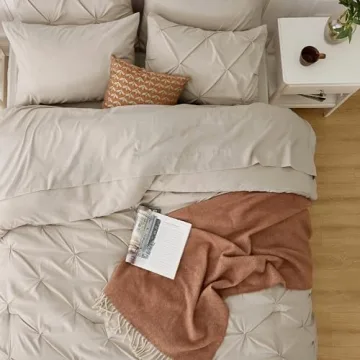 Bedsure Queen Comforter Set Beige - Bed in a Bag Queen Size 7 Pieces, Pintuck Bedding Sets Gift for Christmas, Beige Bed Set with Pinch Pleat Queen Size Comforter, Sheets, Pillowcases & Shams
