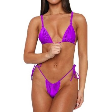 Adjustable Purple Bikini Set with Thong Bottom Swimwear