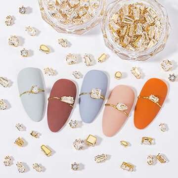 HNUIX 3D Nail Charms and Gems - 120Pcs Copper Metal Zircon, Gold Multiple Shape Smal Crystals Rhines...
