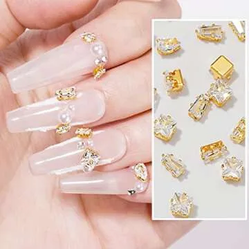 HNUIX 3D Nail Charms and Gems - 120Pcs Copper Metal Zircon, Gold Multiple Shape Smal Crystals Rhinestones, Nail Decorations Accessories for Nails Design