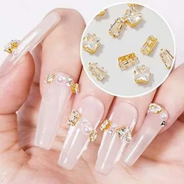 HNUIX 3D Nail Charms and Gems - 120Pcs Copper Metal Zircon, Gold Multiple Shape Smal Crystals Rhinestones, Nail Decorations Accessories for Nails Design