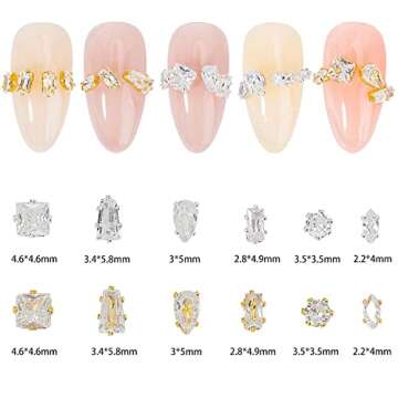 HNUIX 3D Nail Charms and Gems - 120Pcs Copper Metal Zircon, Gold Multiple Shape Smal Crystals Rhinestones, Nail Decorations Accessories for Nails Design
