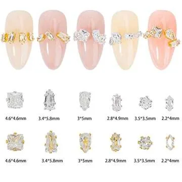 HNUIX 3D Nail Charms and Gems - 120Pcs Copper Metal Zircon, Gold Multiple Shape Smal Crystals Rhinestones, Nail Decorations Accessories for Nails Design