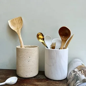 StonePlus Handmand Natural Marble with Holes Stone Vintage Kitchen Utensil Holder - 5.1" D X 6.3" H Kitchen Counter Organizers and Storage Tool Crock (Beige Stone)