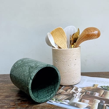 StonePlus Handmand Natural Marble with Holes Stone Vintage Kitchen Utensil Holder - 5.1" D X 6.3" H Kitchen Counter Organizers and Storage Tool Crock (Beige Stone)