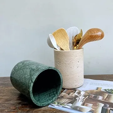 StonePlus Handmand Natural Marble with Holes Stone Vintage Kitchen Utensil Holder - 5.1" D X 6.3" H Kitchen Counter Organizers and Storage Tool Crock (Beige Stone)