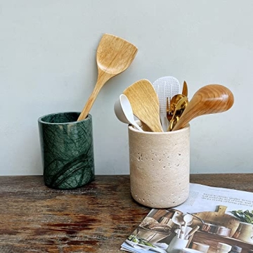 StonePlus Handmand Natural Marble with Holes Stone Vintage Kitchen Utensil Holder - 5.1" D X 6.3" H Kitchen Counter Organizers and Storage Tool Crock (Beige Stone)