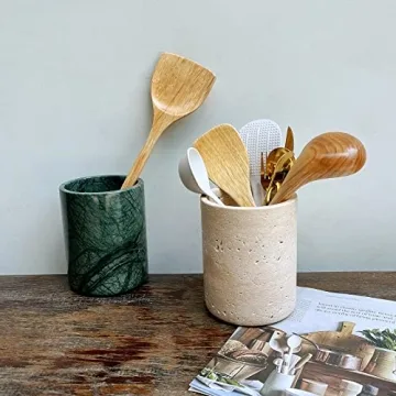 StonePlus Handmand Natural Marble with Holes Stone Vintage Kitchen Utensil Holder - 5.1" D X 6.3" H Kitchen Counter Organizers and Storage Tool Crock (Beige Stone)