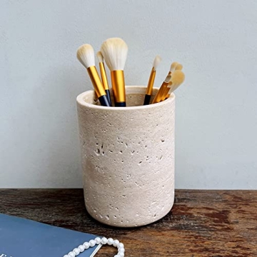 StonePlus Handmand Natural Marble with Holes Stone Vintage Kitchen Utensil Holder - 5.1" D X 6.3" H Kitchen Counter Organizers and Storage Tool Crock (Beige Stone)