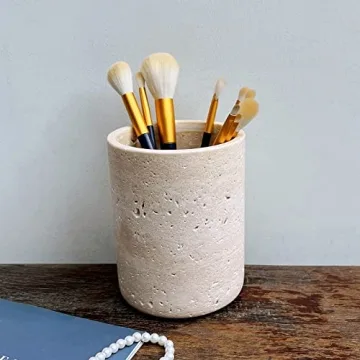 StonePlus Handmand Natural Marble with Holes Stone Vintage Kitchen Utensil Holder - 5.1" D X 6.3" H Kitchen Counter Organizers and Storage Tool Crock (Beige Stone)