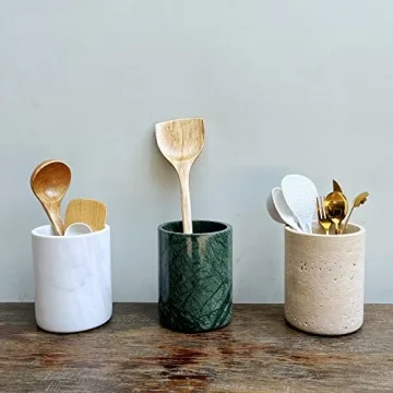 StonePlus Handmand Natural Marble with Holes Stone Vintage Kitchen Utensil Holder - 5.1" D X 6.3" H Kitchen Counter Organizers and Storage Tool Crock (Beige Stone)