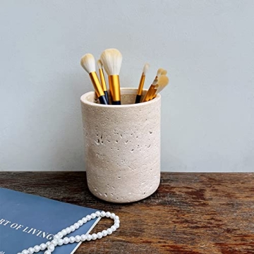 StonePlus Handmand Natural Marble with Holes Stone Vintage Kitchen Utensil Holder - 5.1" D X 6.3" H Kitchen Counter Organizers and Storage Tool Crock (Beige Stone)