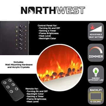 Electric Fireplace - 30 Inch Wall Mounted Fireplace - 13 Backlight Colors and Remote Controlled LED Flames, Heat, and Brightness by Northwest (Silver)