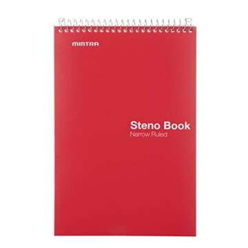 Mintra Office Steno Book - (Primary Colors, 8 Pads/Pack, Narrow Ruled) - 6inx9in, 100 Sheets per pad, POLY Cover, notebook for writing notes in school, university, college, work, office