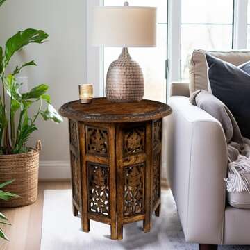 COTTON CRAFT Solid Wood Accent End Table - Hand Carved Vintage Boho Folding Side Table - Small Space...