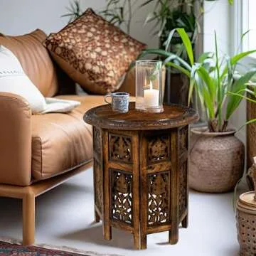 COTTON CRAFT Solid Wood Accent End Table - Hand Carved Vintage Boho Folding Side Table - Small Spaces Entryway Farmhouse Living Room Bedside - No Tools Assembly -18x18 Round - Jaipur Antique Brown