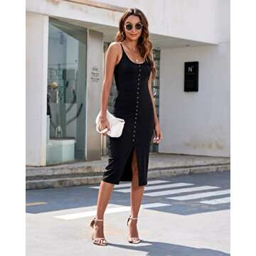 Raikamitu Going Out Dresses for Women Knit 2023 Summer Casual Button Down Ribbed Knit Bodycon Split Beach Vacation Midi Dress (Black,M)