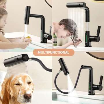 SINGSUO Liftable Bathroom Faucet with Pull Out Sprayer, 3 Modes Digital Temperature Display Bathroom...