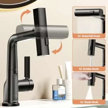 SINGSUO Liftable Bathroom Faucet with Pull Out Sprayer, 3 Modes Digital Temperature Display Bathroom Sink Faucet with 360° Swivel Spout, Single Hole Bathroom Faucet with Rainfall Spray (Black)