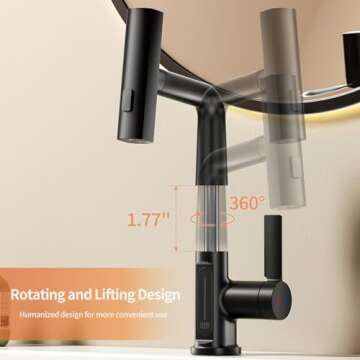 SINGSUO Liftable Bathroom Faucet with Pull Out Sprayer, 3 Modes Digital Temperature Display Bathroom Sink Faucet with 360° Swivel Spout, Single Hole Bathroom Faucet with Rainfall Spray (Black)