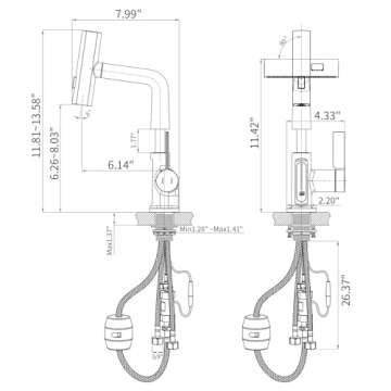 SINGSUO Liftable Bathroom Faucet with Pull Out Sprayer, 3 Modes Digital Temperature Display Bathroom Sink Faucet with 360° Swivel Spout, Single Hole Bathroom Faucet with Rainfall Spray (Black)
