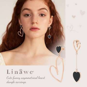 Linawe Black Heart Dangle Earrings - Asymmetrical Rose Gold Drop Jewelry