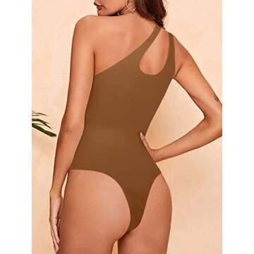REORIA Women's Summer Sexy One Shoulder Cutout Front Sleeveless One Piece Tank Tops Backless Thong Bodysuits Leotards for Going Out Brown Small