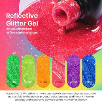 Beetles Reflective Glitter Neon Gel Polish Set, 6 Colors Gel Nail Polish Set Nails Gel Blue Hot Pink Purple Soak Off Uv Led Gel Nail Polish Kit Nail Gift for Her