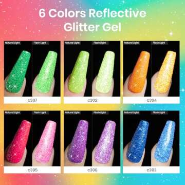 Beetles Reflective Glitter Neon Gel Polish Set, 6 Colors Gel Nail Polish Set Nails Gel Blue Hot Pink Purple Soak Off Uv Led Gel Nail Polish Kit Nail Gift for Her
