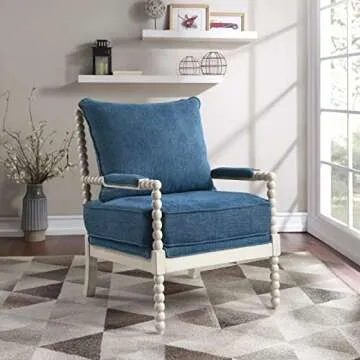 OSP Home Furnishings Kaylee Spindle Accent Chair with Antique White Wood Frame, Navy Blue Fabric